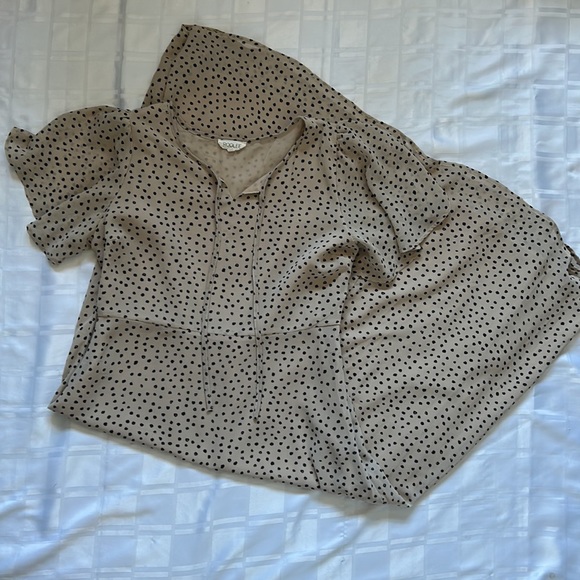 Roolee Tan Polka Dot Feminine A-line Flutter Sleeve Maxi Dress - Picture 14 of 14